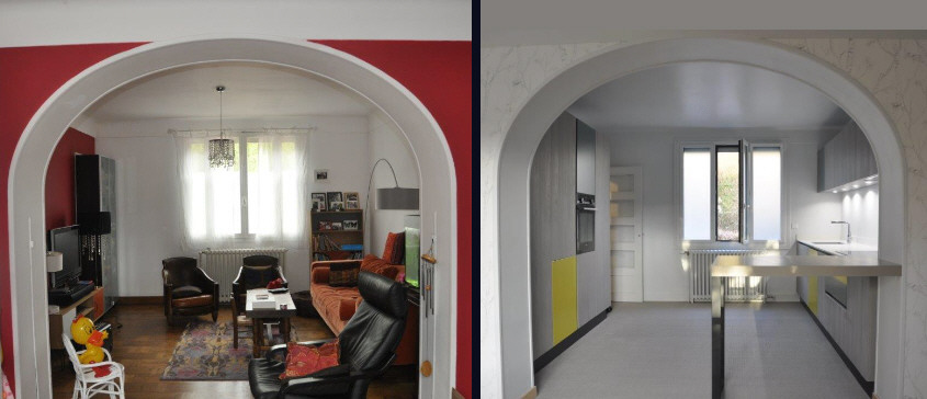 Larges ouvertures  en arche pour renforcer l'interaction fonctionnelle & esthétique entre les espaces de séjour & de cuisine ; la duplication de la ligne douce du cintre marquant la dimension conviviale du lieu. 